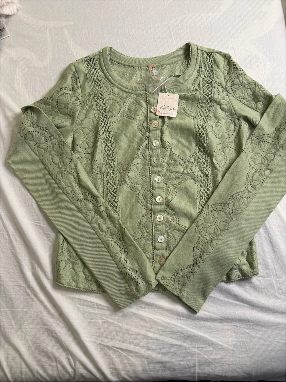 Light Green Lace-Panel Button Front Women’s Top